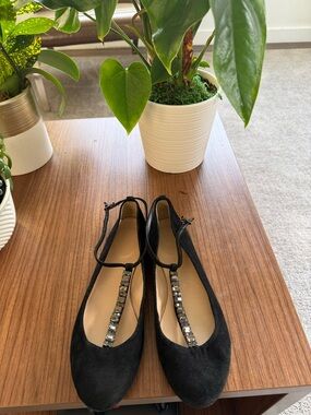 J. Crew Collection Black Suede T-Strap rhinestone embellished Flats